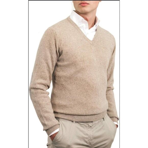 Black Brown Men 2 Ply Cashmere Long Sleeve Pullover V-Neck Sweater Size L - Picture 1 of 9